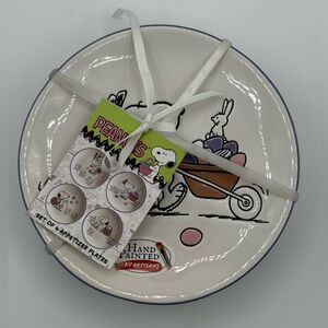 New Peanuts Snoopy Easter Bunny Ceramic Hand Painted Appetizer Set of 4 Plates